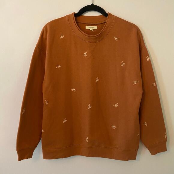 Madewell Women's size XXS Brown Embroidered Bow Crewneck Sweatshirt Minimalist - Picture 1 of 9